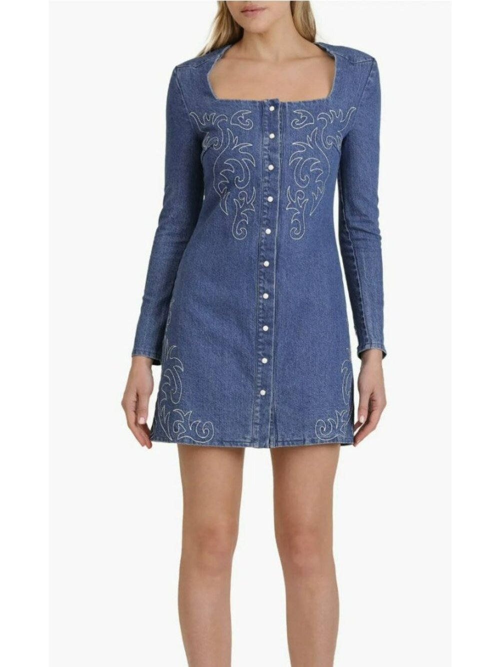 Avec Les Filles Western Embroidery Long Sleeve Denim Mini dress New